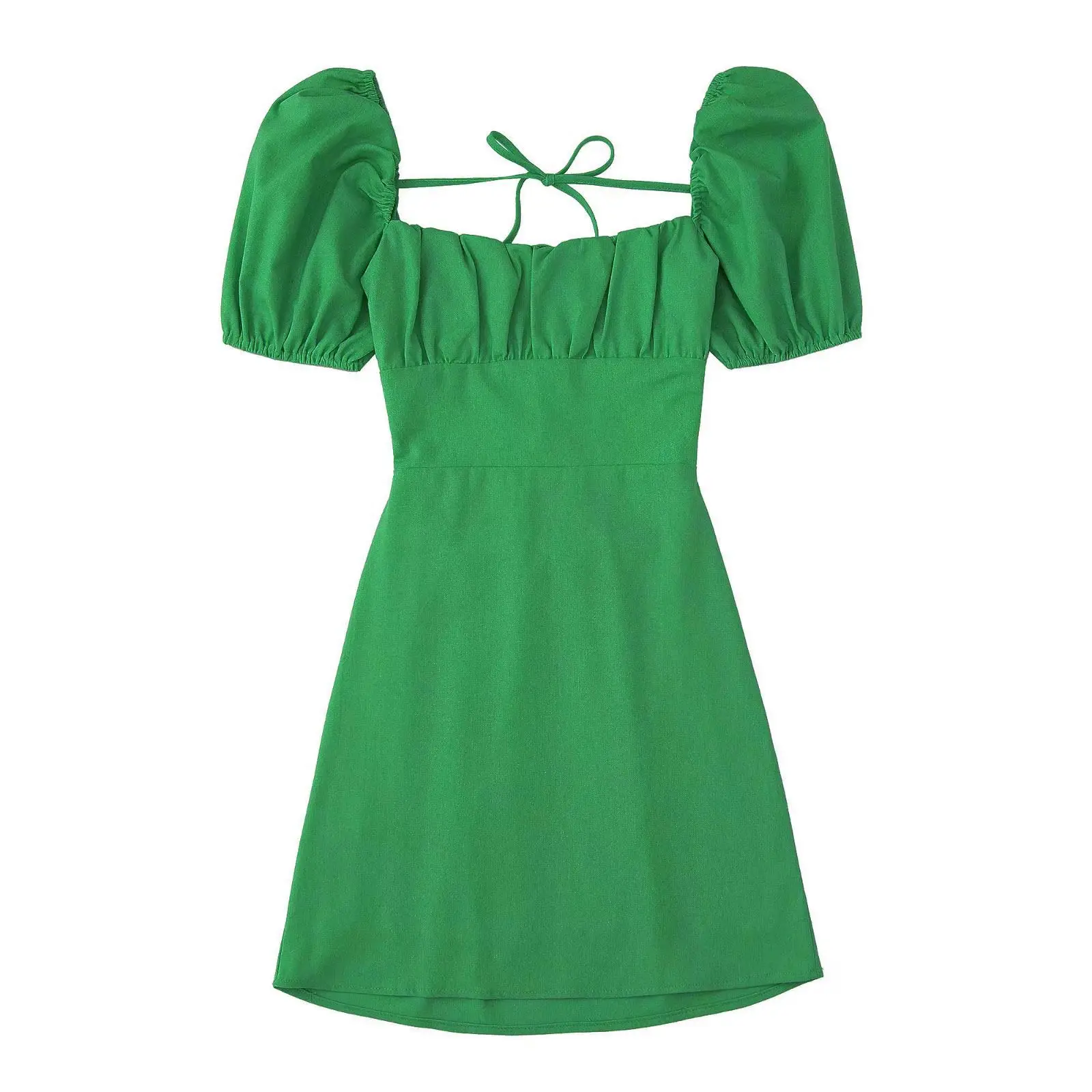 Women White Fashion Linen Blend Dress Female Square Neck Short Puff Sleeves Backless Crossover Straps Dress for Women's