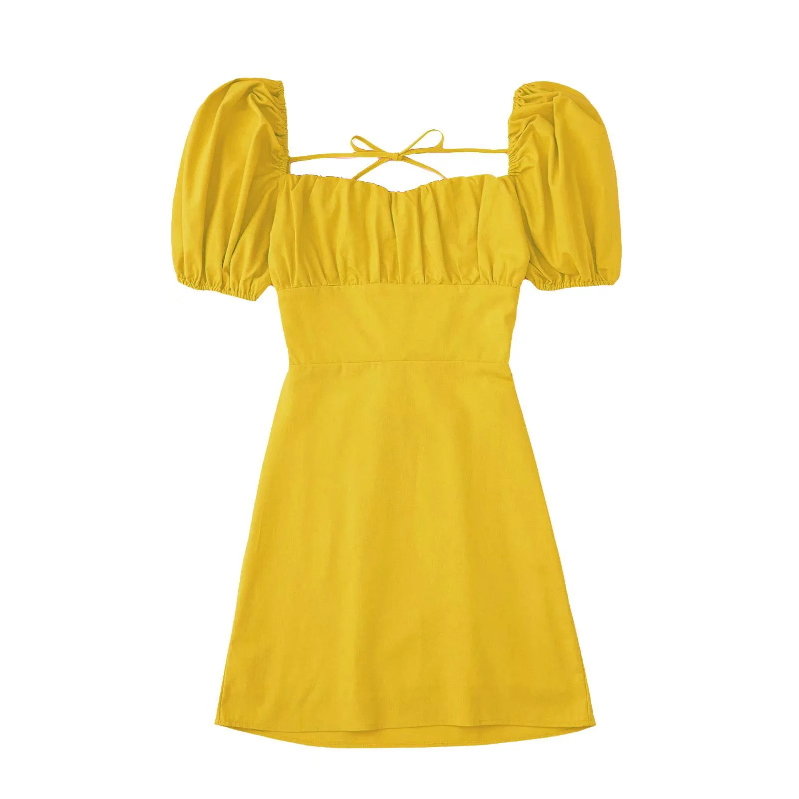 Women White Fashion Linen Blend Dress Female Square Neck Short Puff Sleeves Backless Crossover Straps Dress for Women's