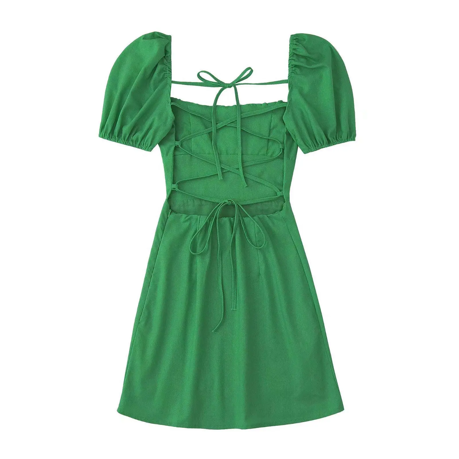 Women White Fashion Linen Blend Dress Female Square Neck Short Puff Sleeves Backless Crossover Straps Dress for Women's