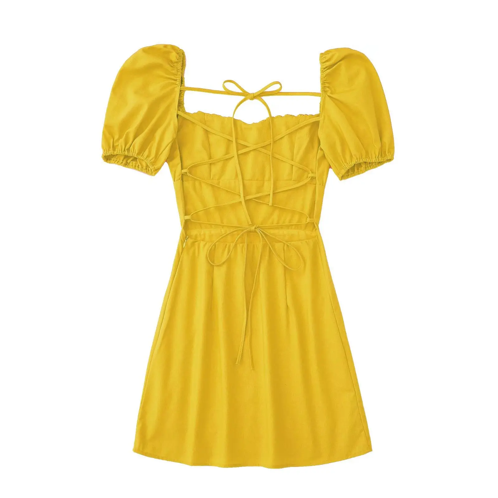 Women White Fashion Linen Blend Dress Female Square Neck Short Puff Sleeves Backless Crossover Straps Dress for Women's