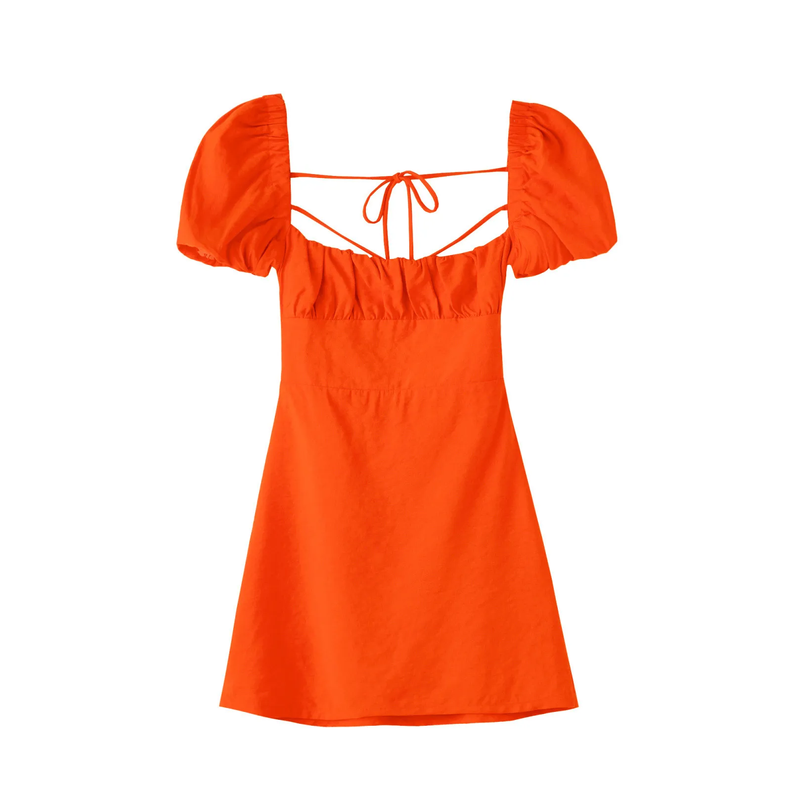 Women White Fashion Linen Blend Dress Female Square Neck Short Puff Sleeves Backless Crossover Straps Dress for Women's