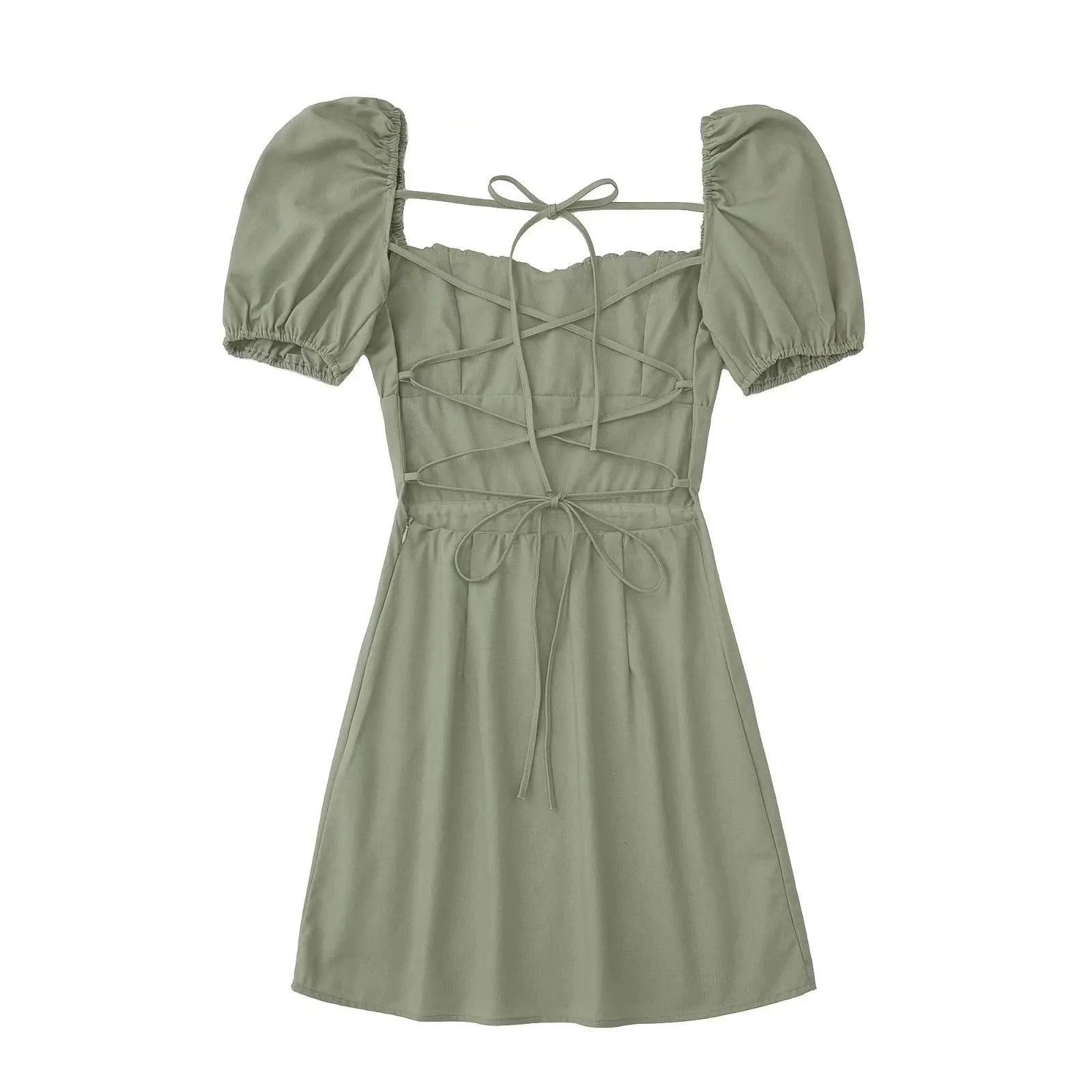 Women White Fashion Linen Blend Dress Female Square Neck Short Puff Sleeves Backless Crossover Straps Dress for Women's