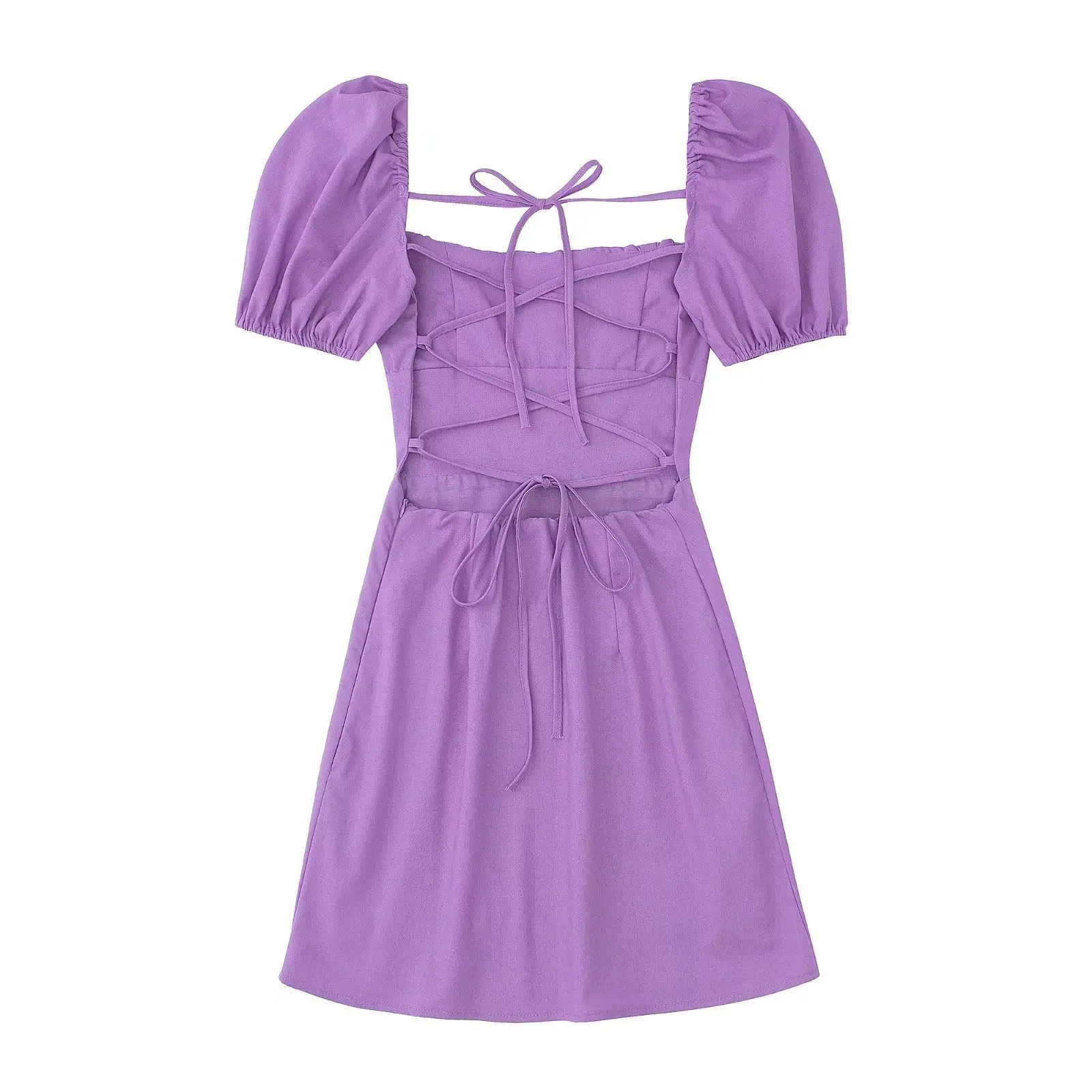 Women White Fashion Linen Blend Dress Female Square Neck Short Puff Sleeves Backless Crossover Straps Dress for Women's