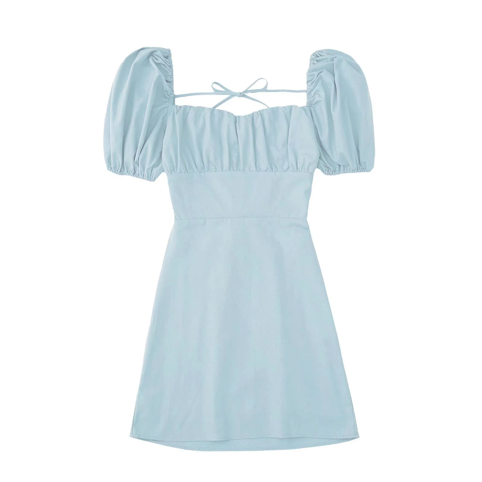 Women White Fashion Linen Blend Dress Female Square Neck Short Puff Sleeves Backless Crossover Straps Dress for Women's