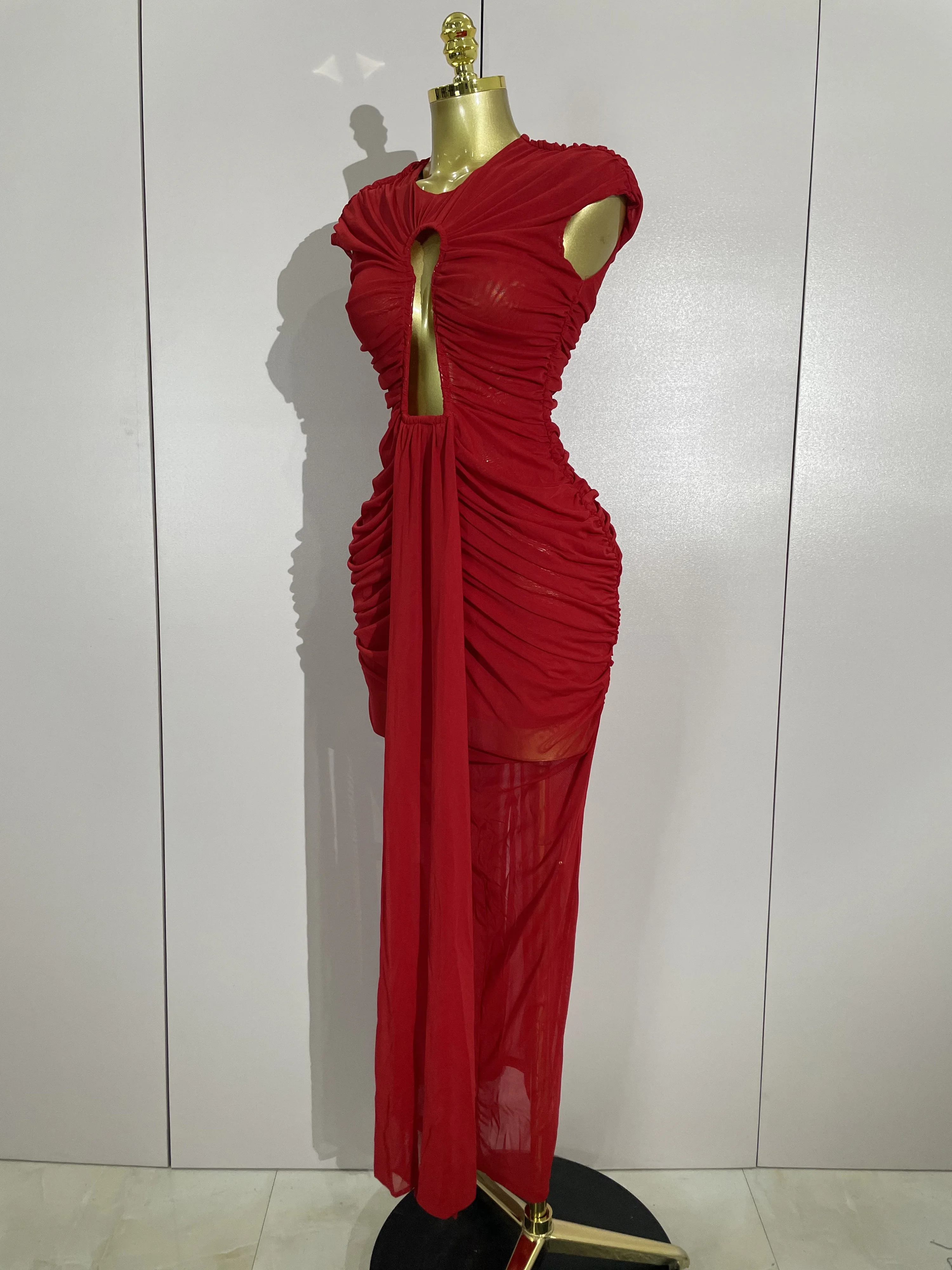 Women Sexy Sleeveless O-Neck Hollow Out Mesh Bodycon Long Dress Fashion Show Celebrate Celebrity Evening Birthday Party Dress