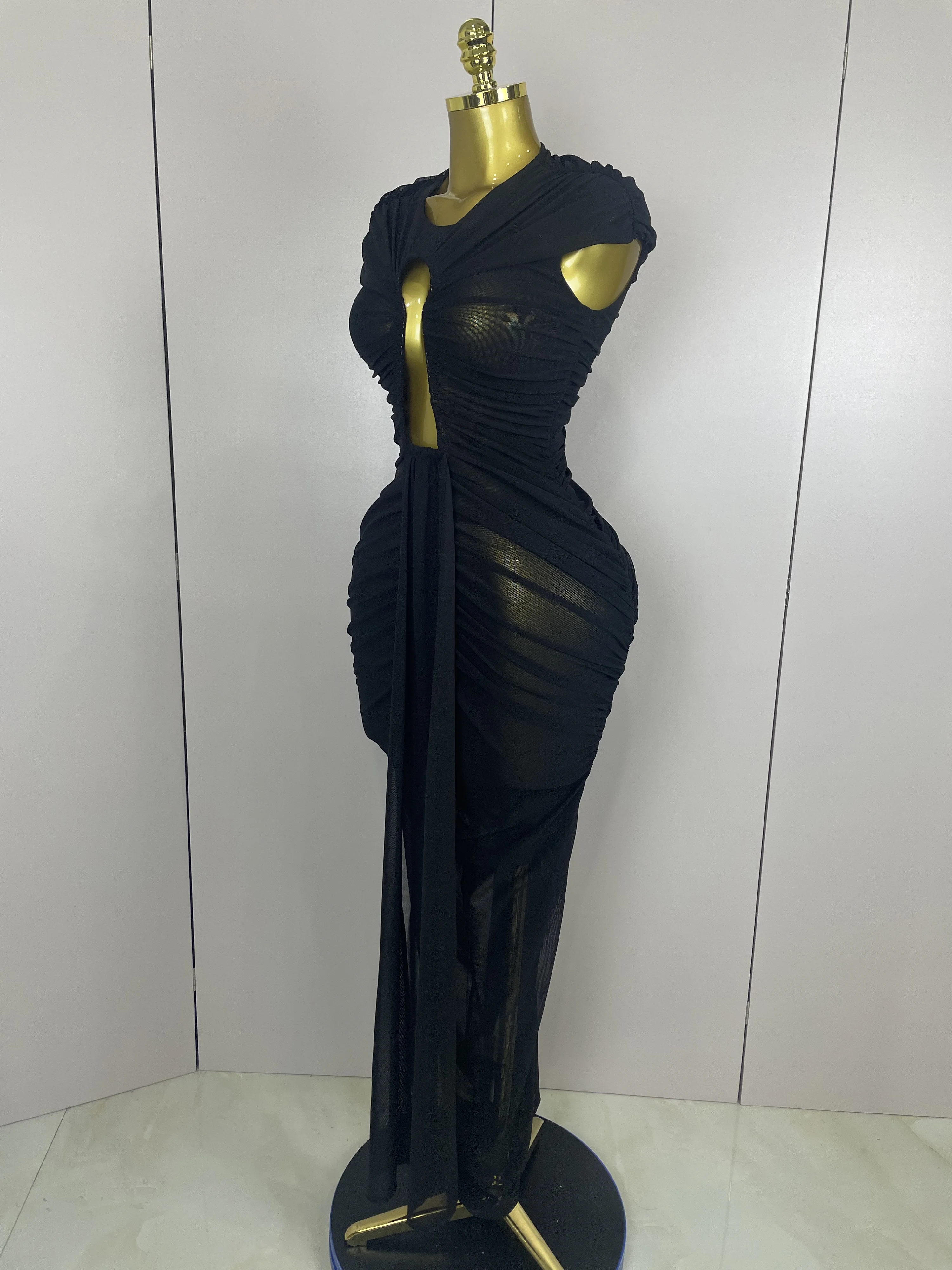 Women Sexy Sleeveless O-Neck Hollow Out Mesh Bodycon Long Dress Fashion Show Celebrate Celebrity Evening Birthday Party Dress