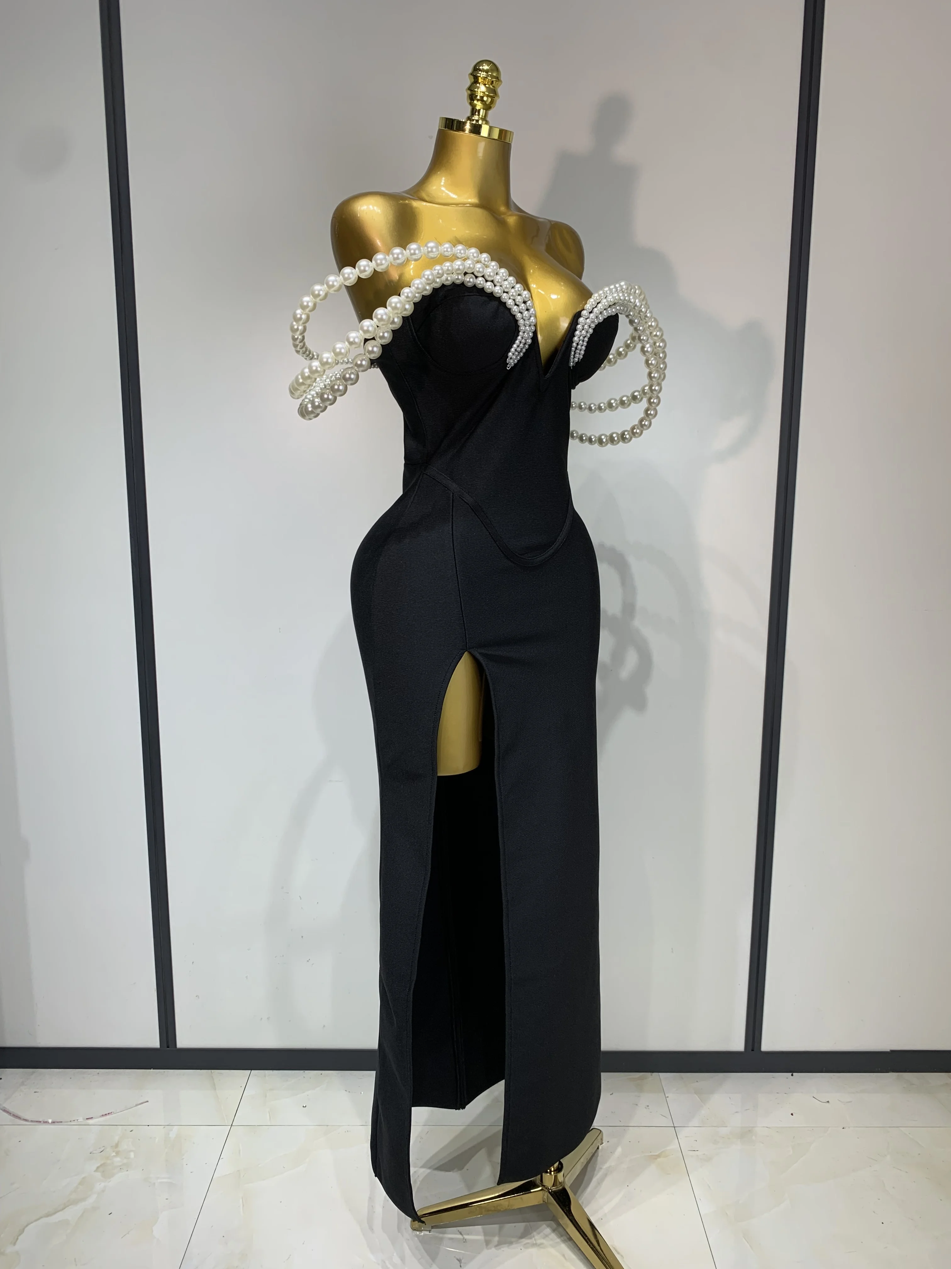 Women Luxury Designer Pearls V Neck Maxi Long Bandage Bodycon Dress Celebrity Evening Party Birthday Gowns Singer Stage Costumes