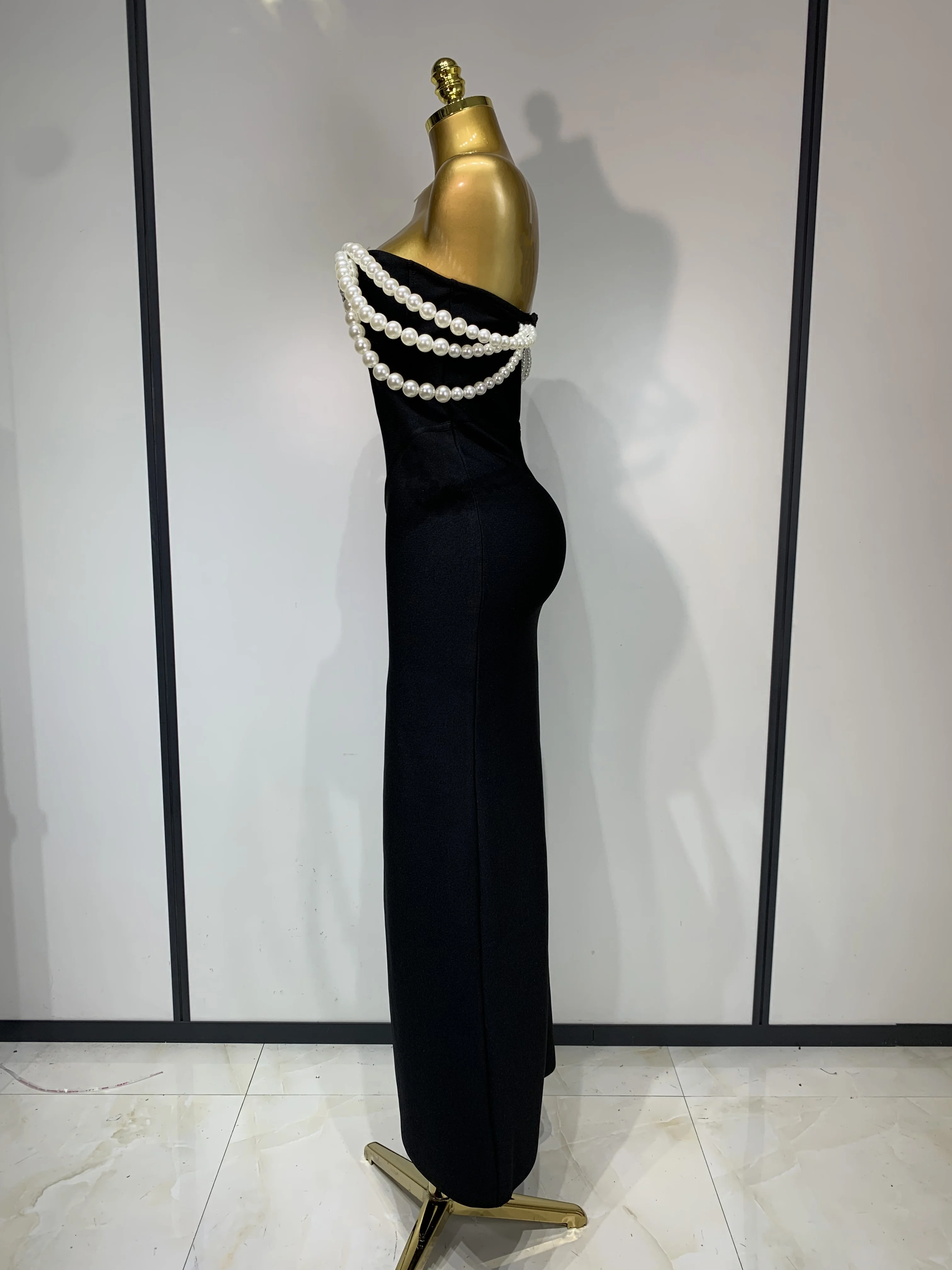 Women Luxury Designer Pearls V Neck Maxi Long Bandage Bodycon Dress Celebrity Evening Party Birthday Gowns Singer Stage Costumes