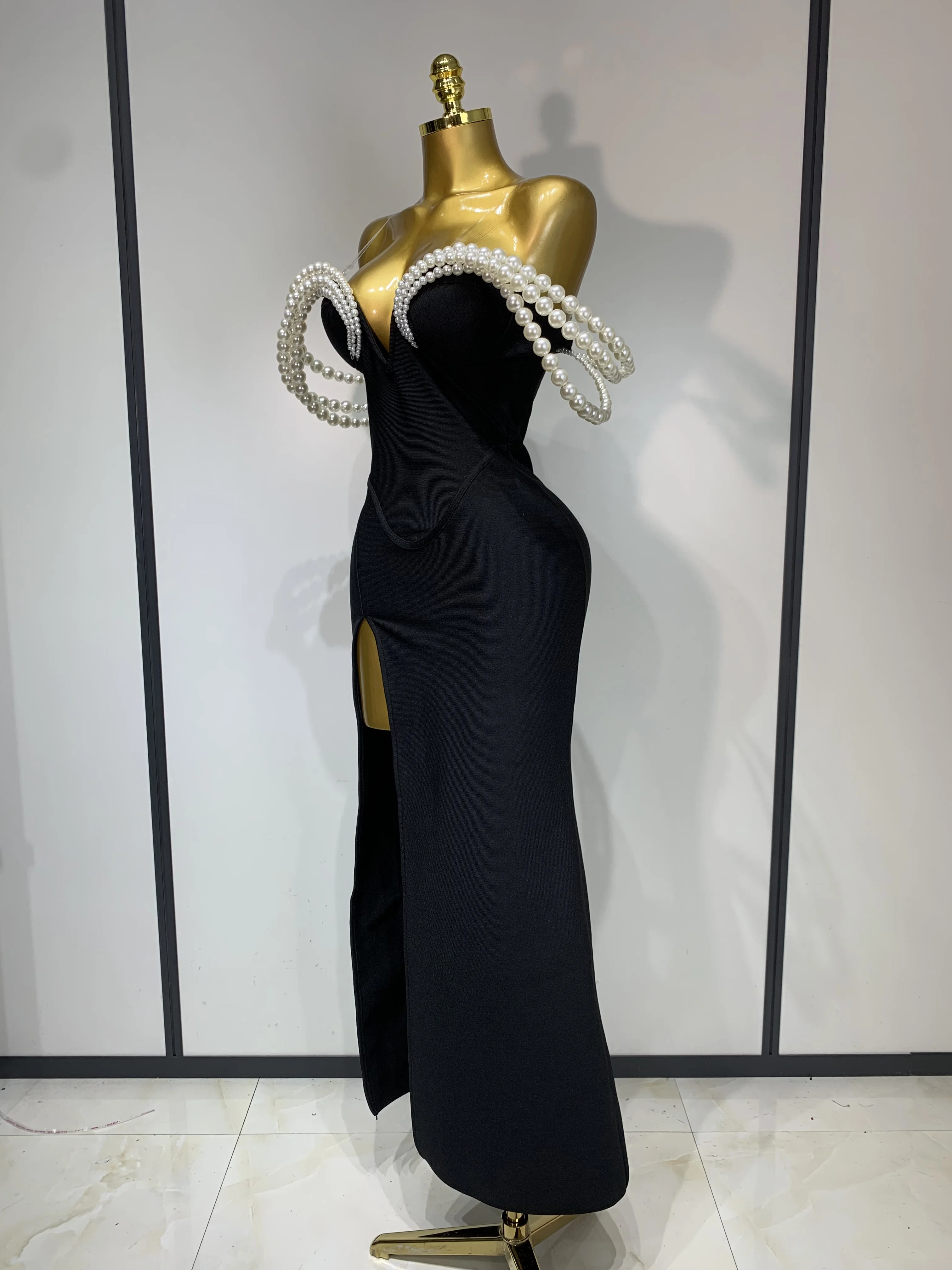 Women Luxury Designer Pearls V Neck Maxi Long Bandage Bodycon Dress Celebrity Evening Party Birthday Gowns Singer Stage Costumes