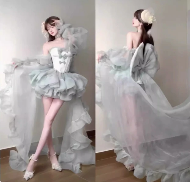 High Street Women's Mint Green Strapless Bowknot Sweet Fairy Organza Dress 2024 New Elegant Big Bow Trailing Party Wedding Dress