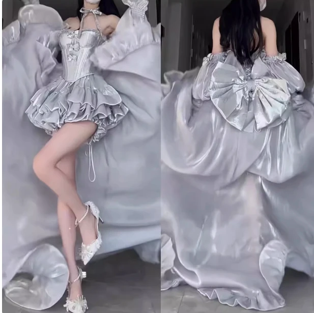 High Street Women's Mint Green Strapless Bowknot Sweet Fairy Organza Dress 2024 New Elegant Big Bow Trailing Party Wedding Dress