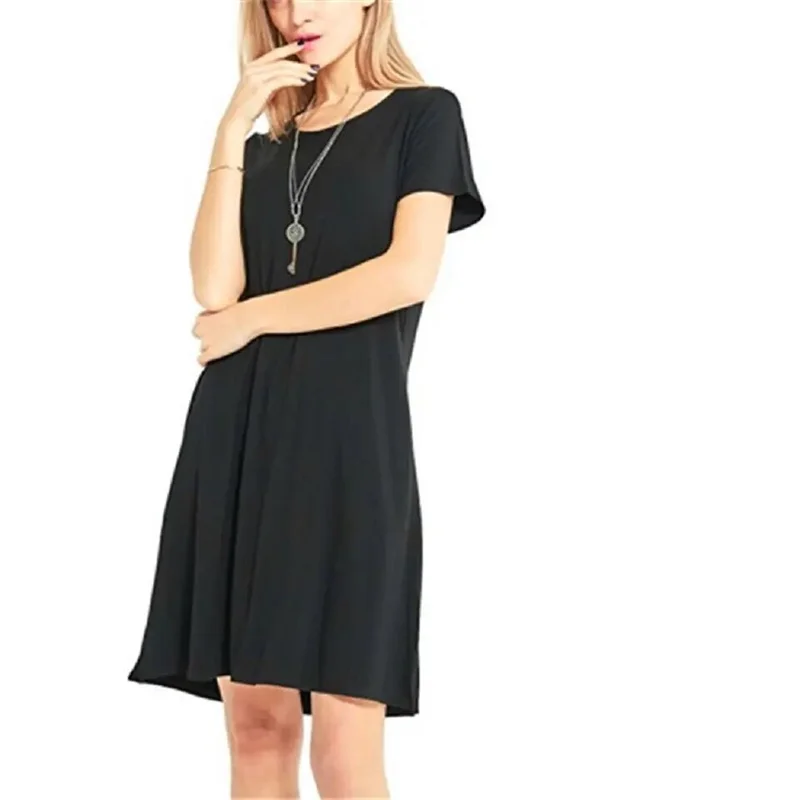 Women Mini Dress Summer Casual Boho Beach Dresses Solid Color O-Neck Short Sleeve Party A-Line Dress Vestidos QT033
