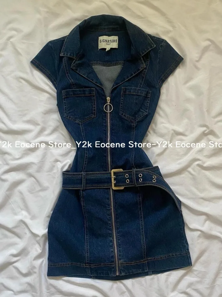 American Retro Black Denim Short Dress Women Summer Zipper Elegant Slim One Piece Dress Korean Fashion Design Casual Clothing