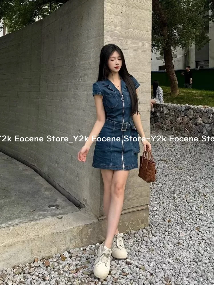 American Retro Black Denim Short Dress Women Summer Zipper Elegant Slim One Piece Dress Korean Fashion Design Casual Clothing
