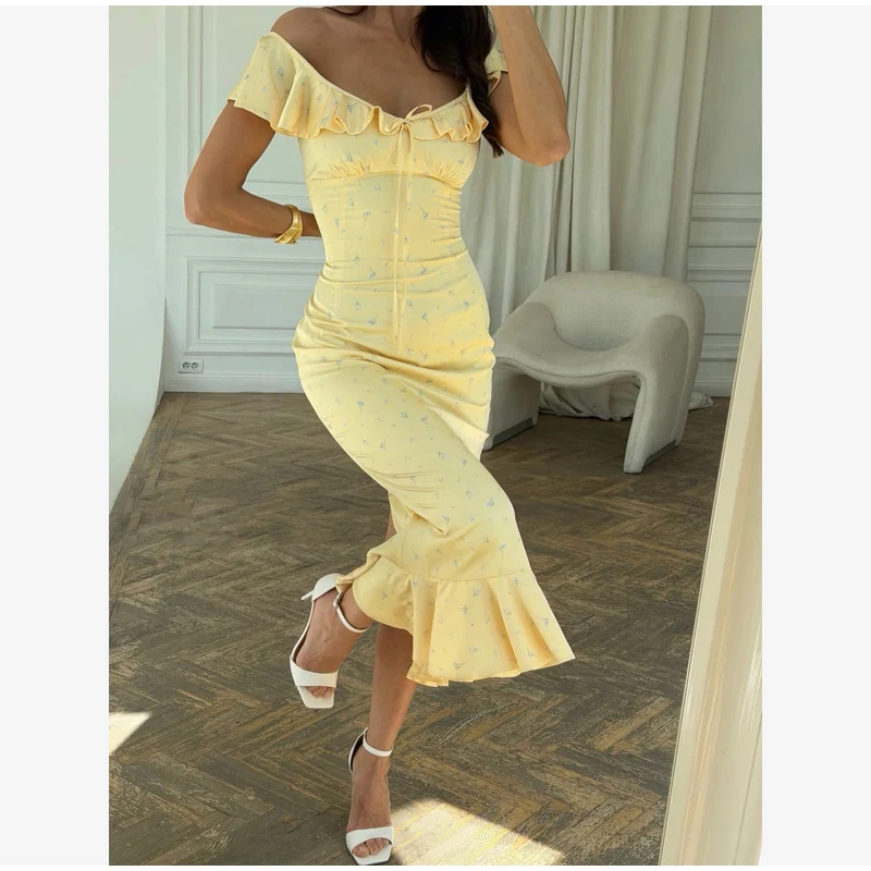 Y2k Floral Print Women's Long Dress Elegant Ruffle V-neck Cap Sleeve Summer Dresses 2026 Female Casual Vacation Party Outfit