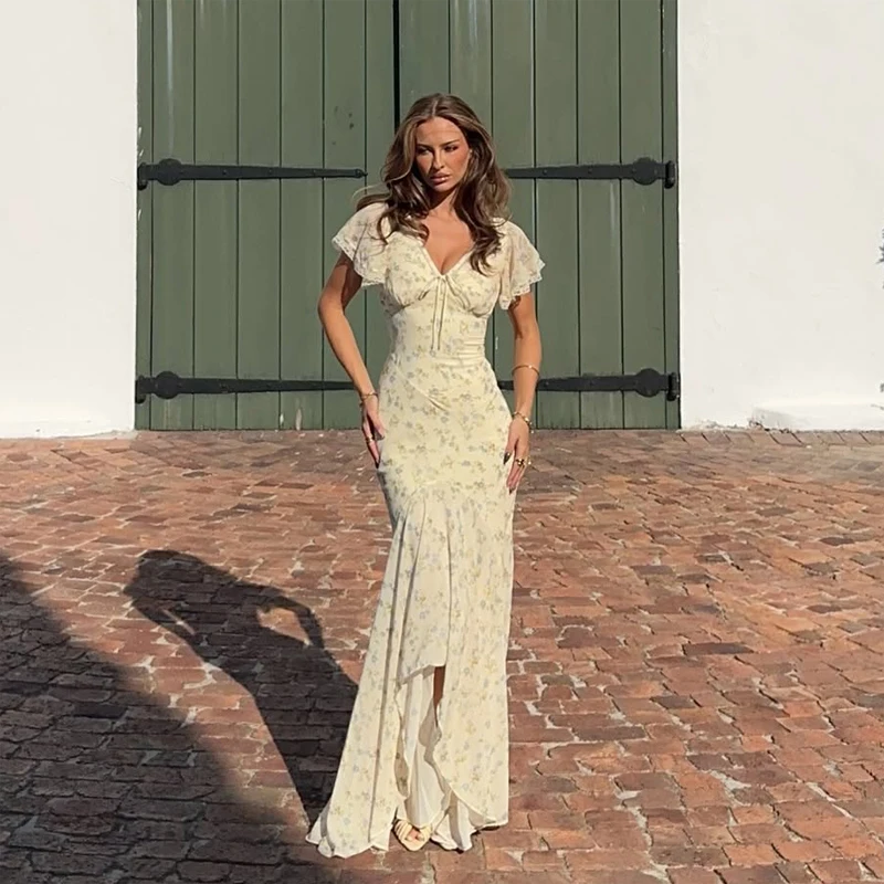 Y2k Floral Print Women's Long Dress Elegant Ruffle V-neck Cap Sleeve Summer Dresses 2026 Female Casual Vacation Party Outfit