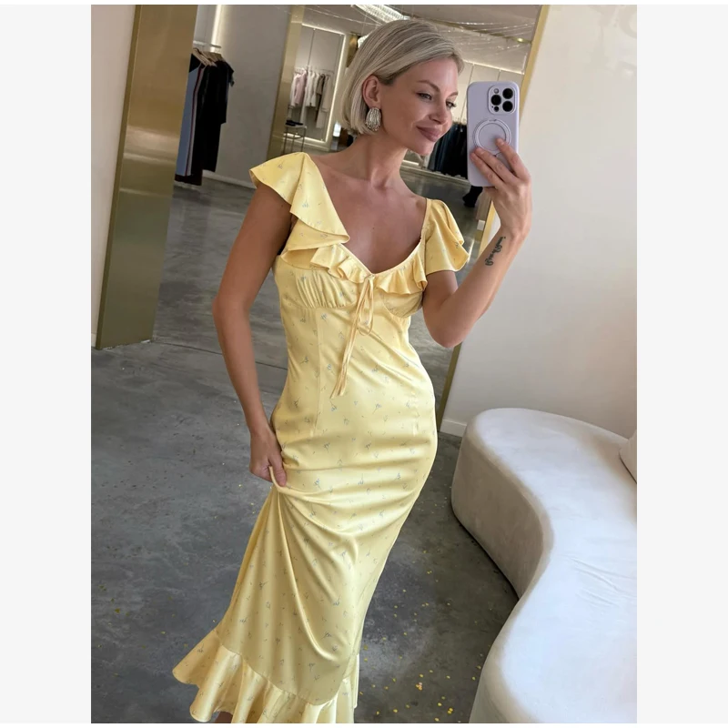 Y2k Floral Print Women's Long Dress Elegant Ruffle V-neck Cap Sleeve Summer Dresses 2026 Female Casual Vacation Party Outfit
