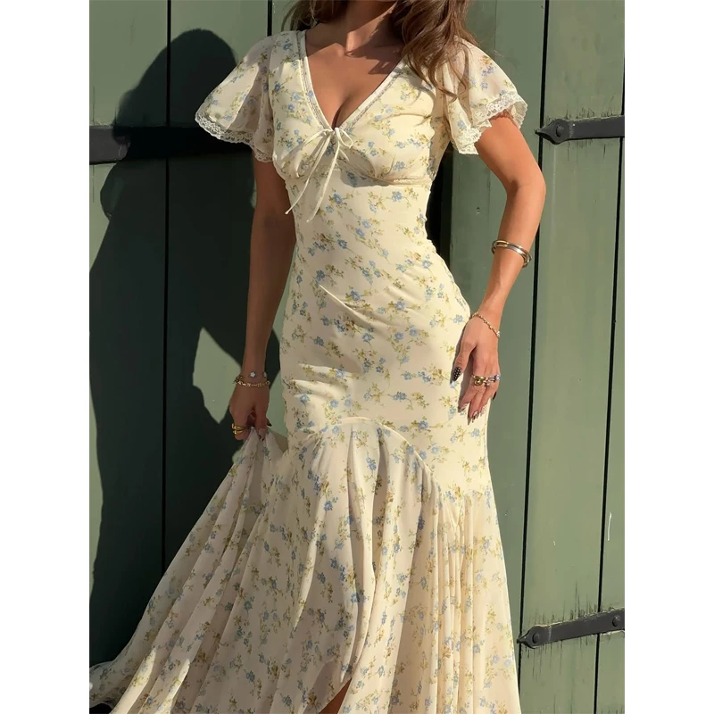 Y2k Floral Print Women's Long Dress Elegant Ruffle V-neck Cap Sleeve Summer Dresses 2026 Female Casual Vacation Party Outfit