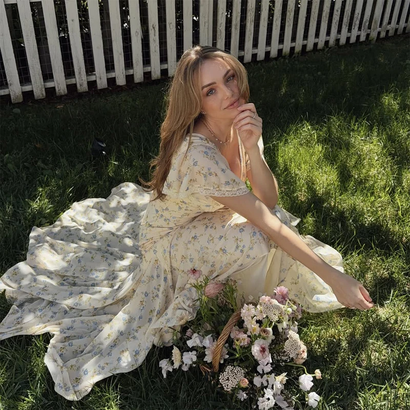 Y2k Floral Print Women's Long Dress Elegant Ruffle V-neck Cap Sleeve Summer Dresses 2026 Female Casual Vacation Party Outfit