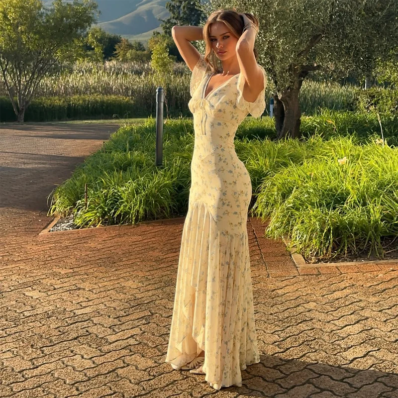 Y2k Floral Print Women's Long Dress Elegant Ruffle V-neck Cap Sleeve Summer Dresses 2026 Female Casual Vacation Party Outfit