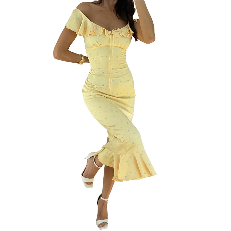 Y2k Floral Print Women's Long Dress Elegant Ruffle V-neck Cap Sleeve Summer Dresses 2026 Female Casual Vacation Party Outfit