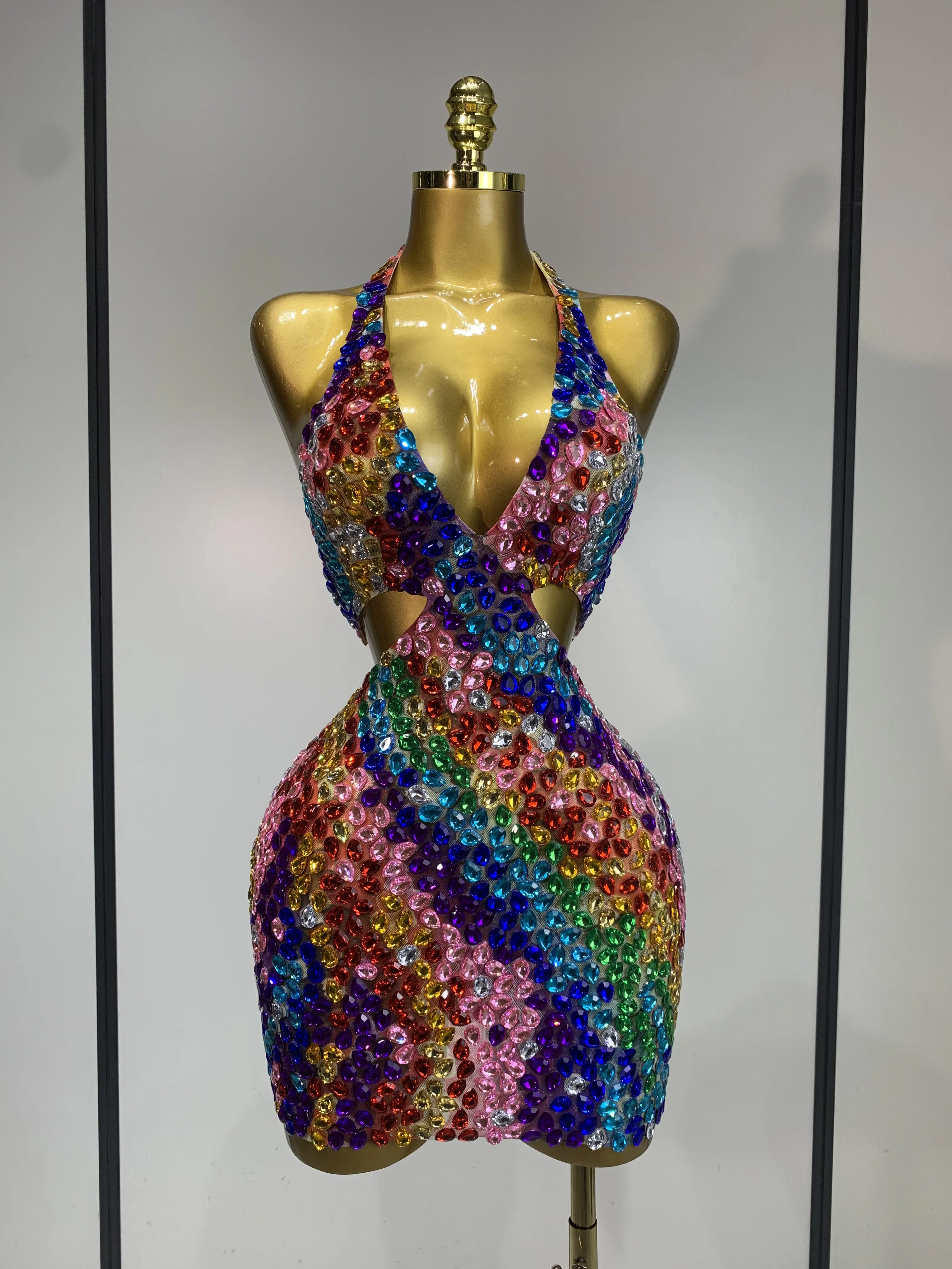 Women Sexy Halter Colorful Diamonds Backless Mini Dresses Celebrity Luxury Birthday Evening Party Gowns Nightclub Stage Outfit