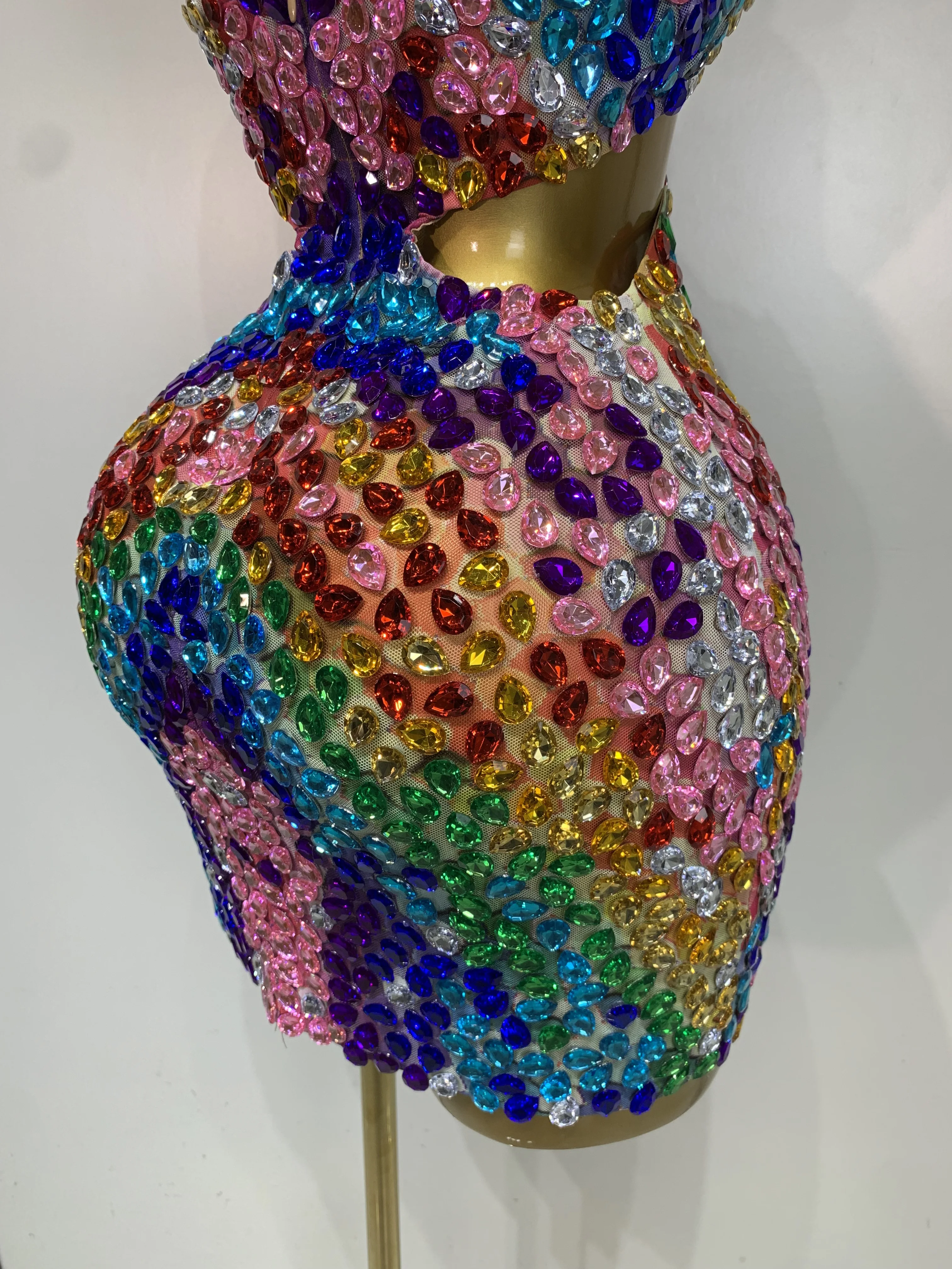 Women Sexy Halter Colorful Diamonds Backless Mini Dresses Celebrity Luxury Birthday Evening Party Gowns Nightclub Stage Outfit