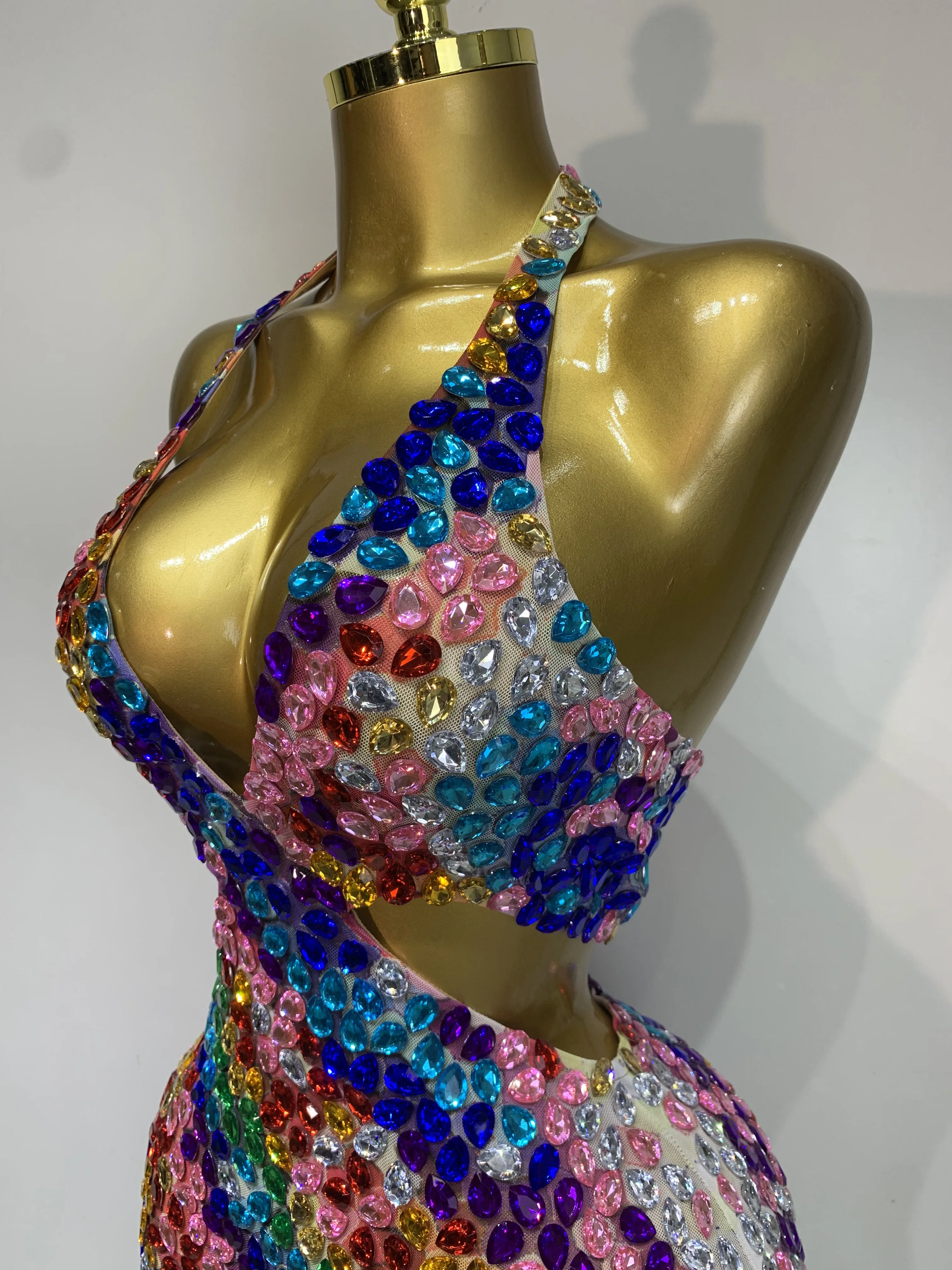 Women Sexy Halter Colorful Diamonds Backless Mini Dresses Celebrity Luxury Birthday Evening Party Gowns Nightclub Stage Outfit