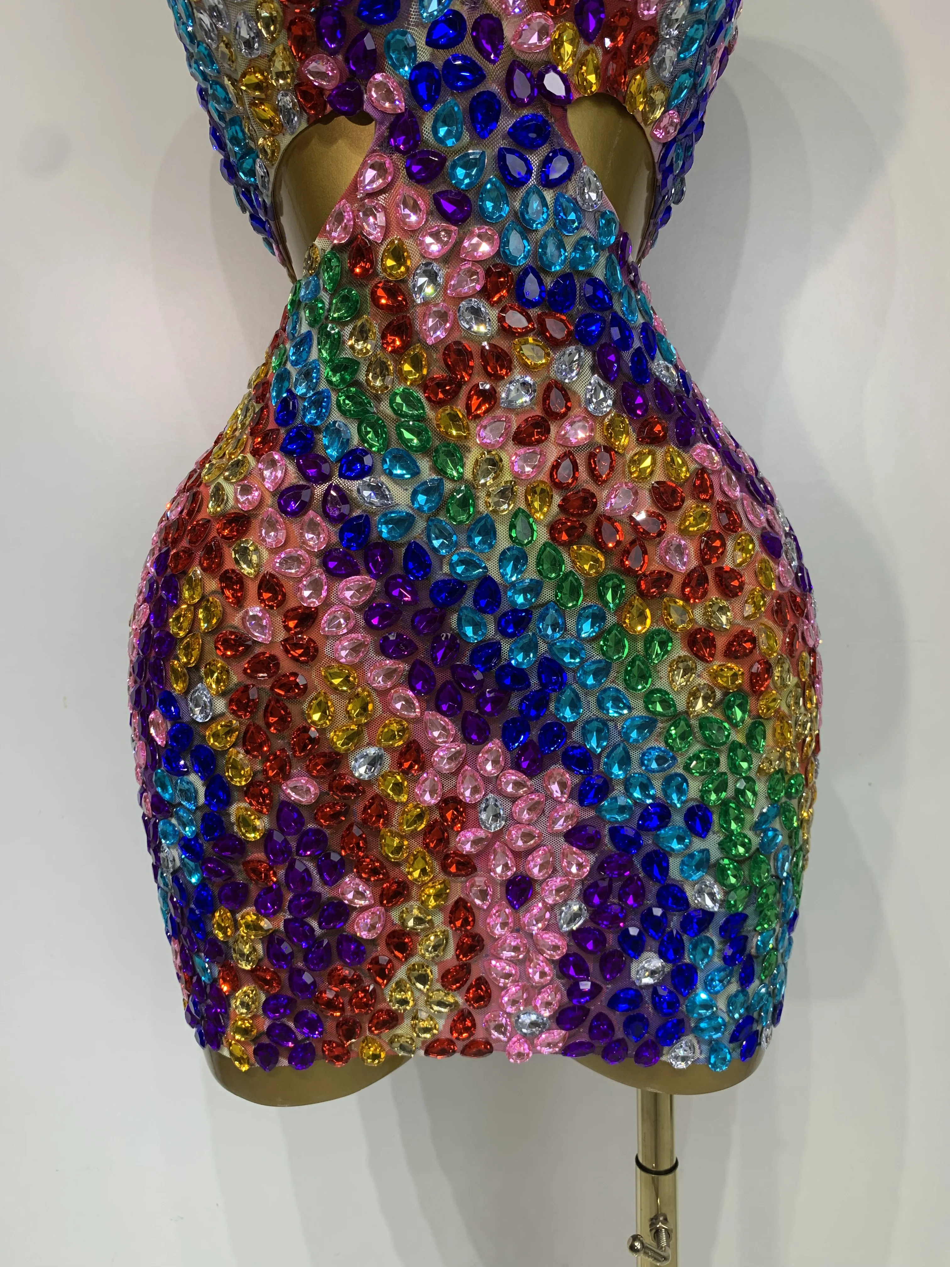 Women Sexy Halter Colorful Diamonds Backless Mini Dresses Celebrity Luxury Birthday Evening Party Gowns Nightclub Stage Outfit