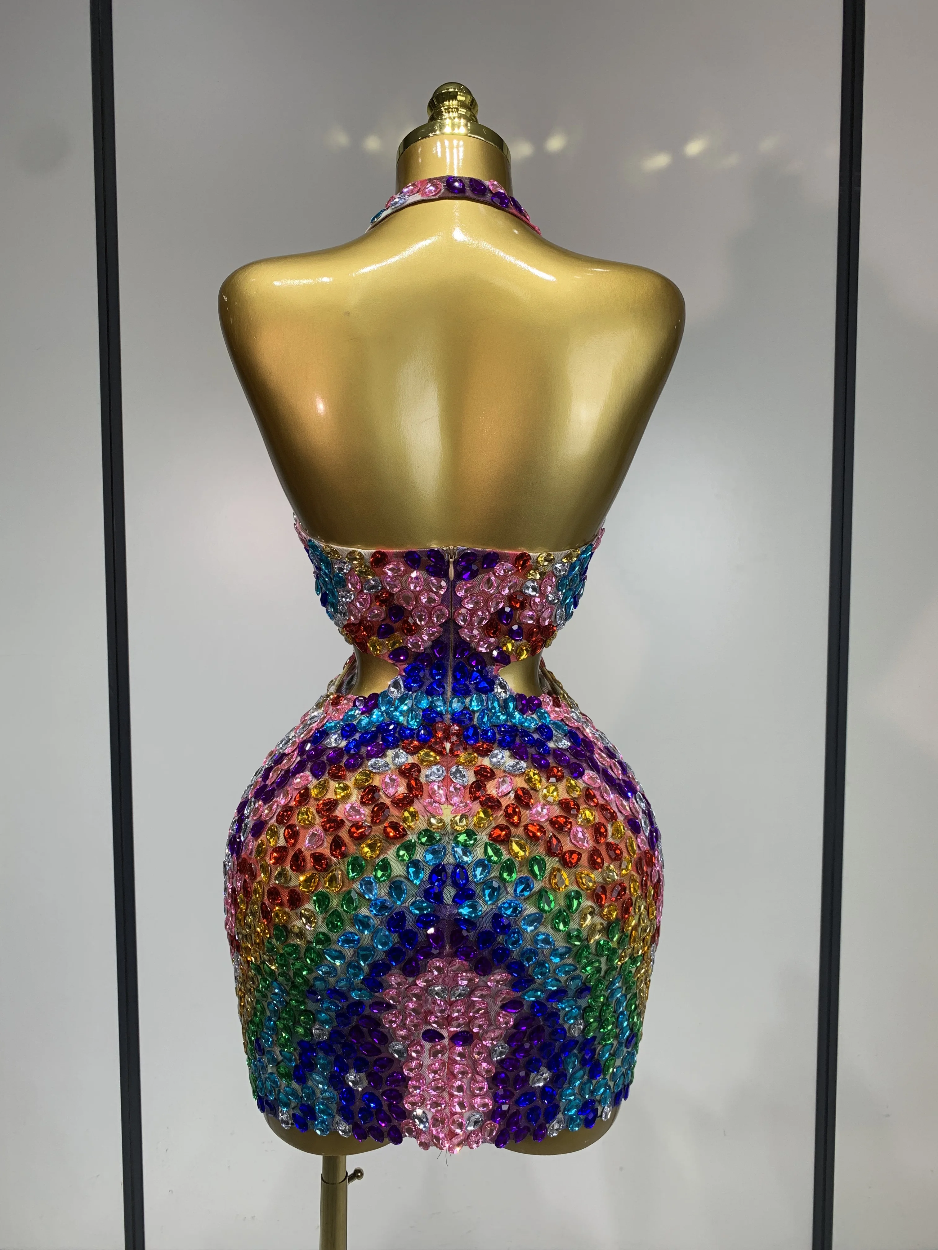 Women Sexy Halter Colorful Diamonds Backless Mini Dresses Celebrity Luxury Birthday Evening Party Gowns Nightclub Stage Outfit
