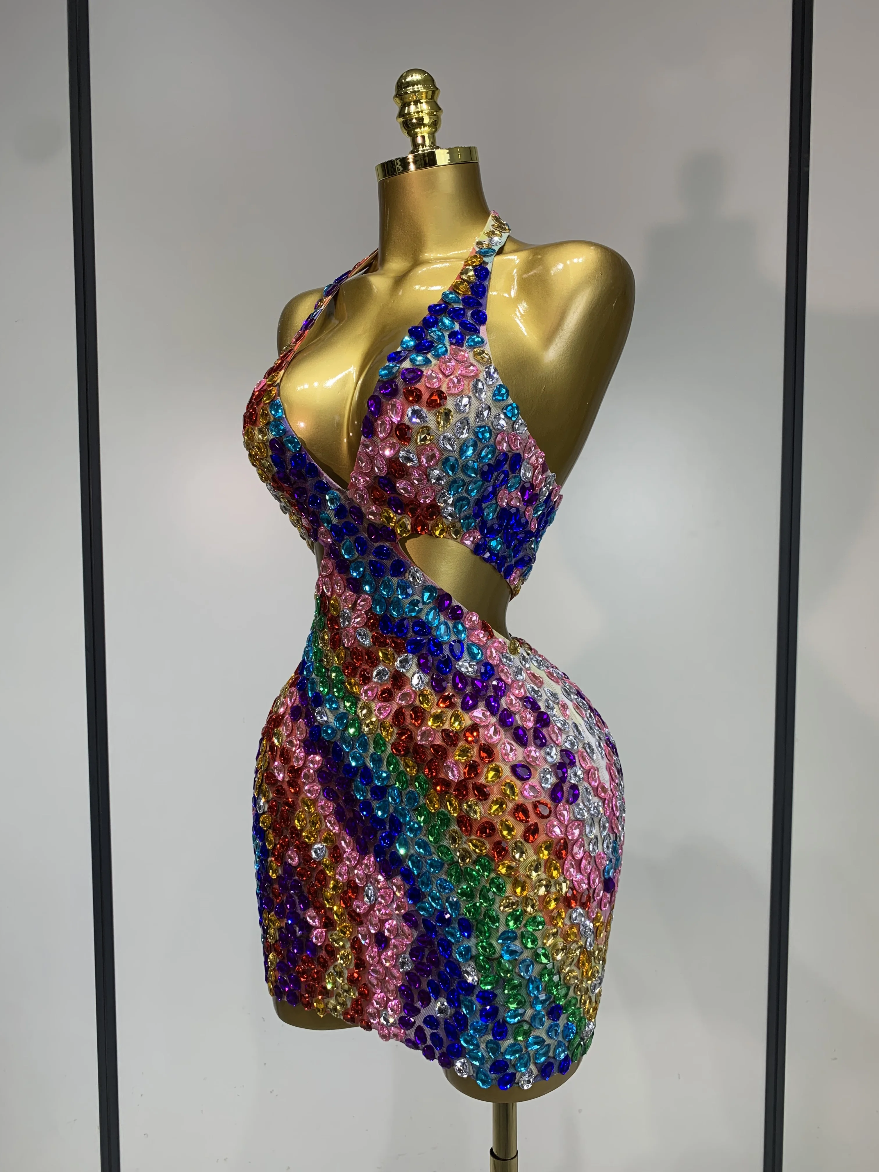 Women Sexy Halter Colorful Diamonds Backless Mini Dresses Celebrity Luxury Birthday Evening Party Gowns Nightclub Stage Outfit