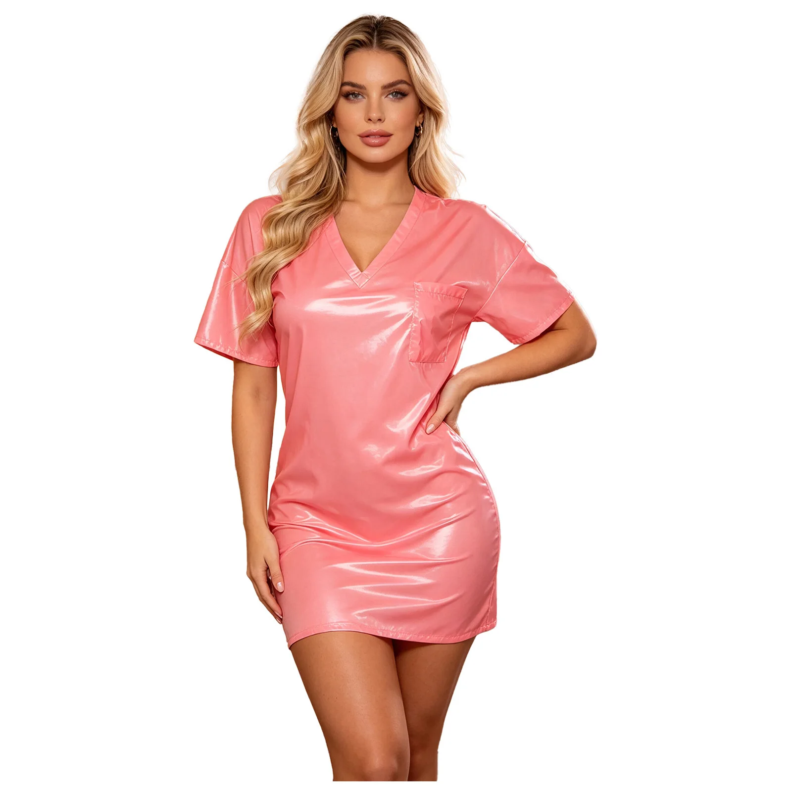 Womens Waterproof Sleep Dress V Neck Short Sleeve Side Split Loose Mini Dress Oversized T-shirt for Swimwear Water Rave Parties