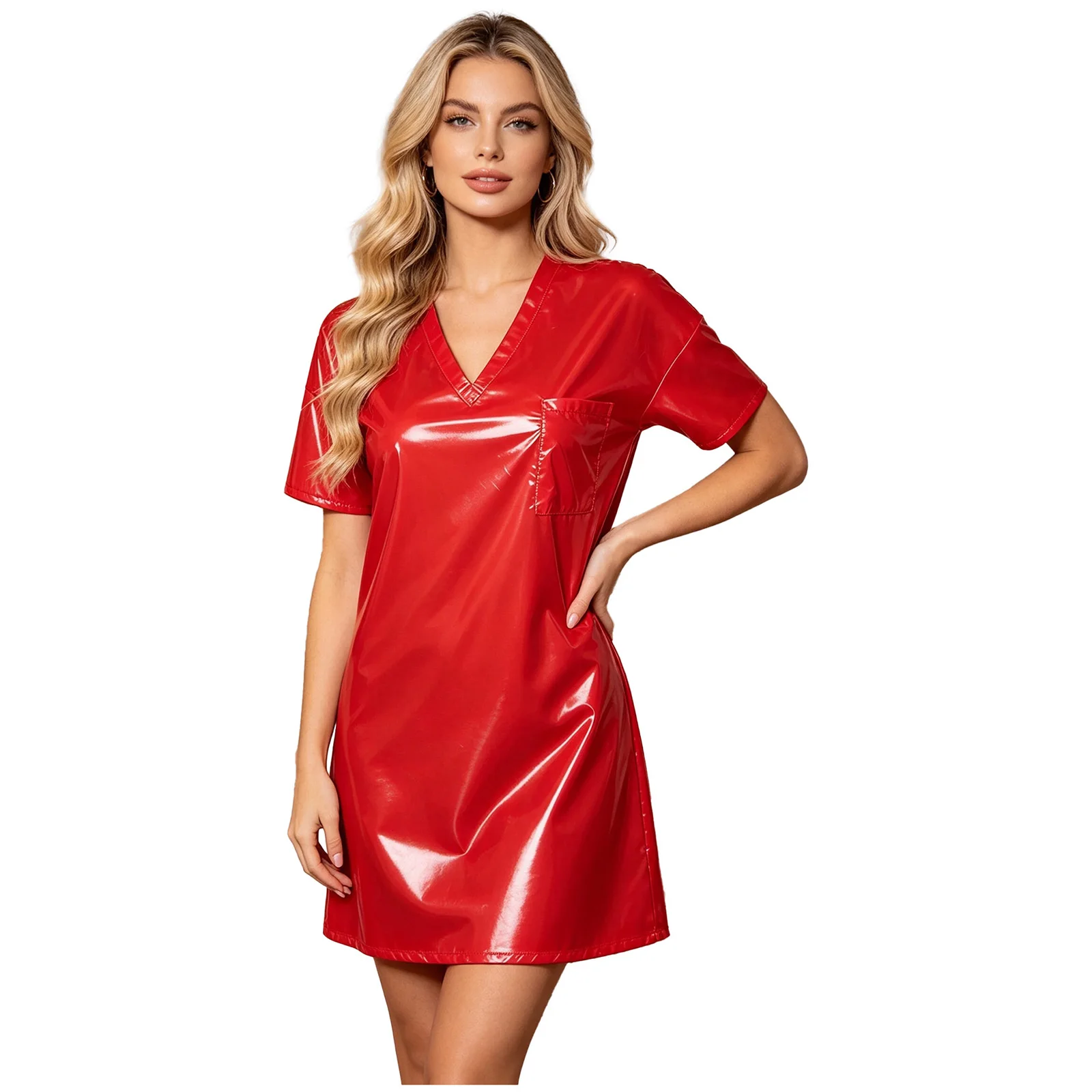 Womens Waterproof Sleep Dress V Neck Short Sleeve Side Split Loose Mini Dress Oversized T-shirt for Swimwear Water Rave Parties