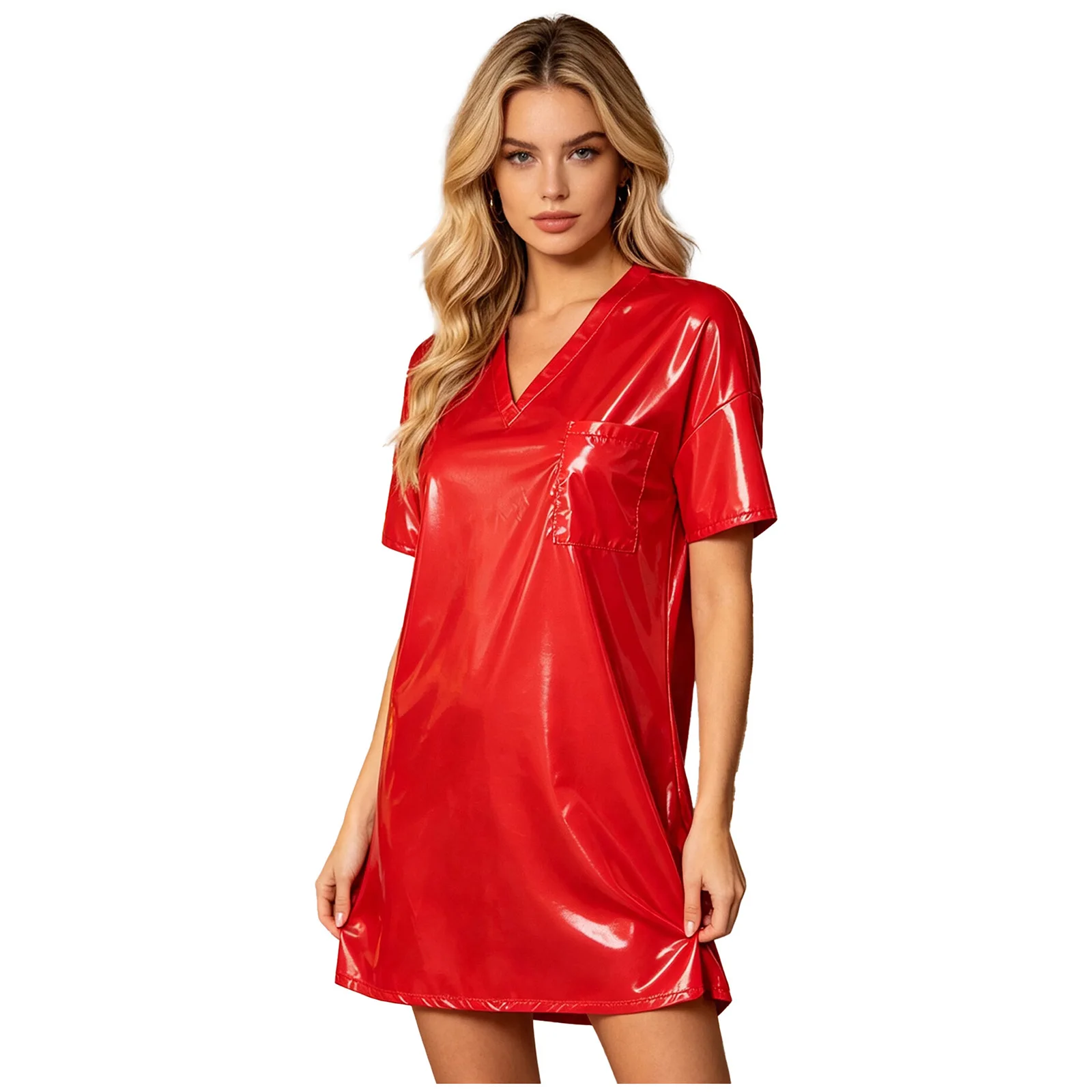 Womens Waterproof Sleep Dress V Neck Short Sleeve Side Split Loose Mini Dress Oversized T-shirt for Swimwear Water Rave Parties