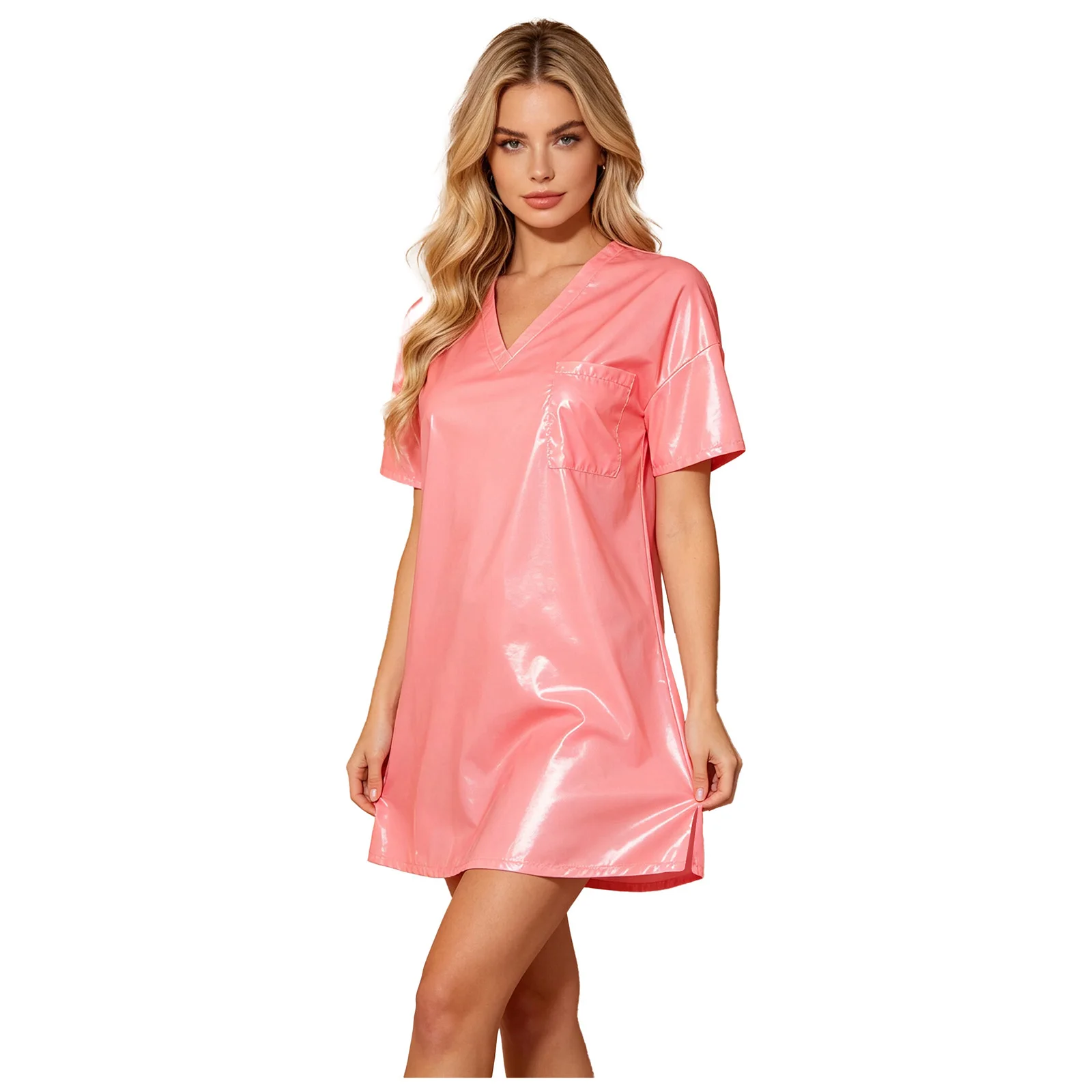 Womens Waterproof Sleep Dress V Neck Short Sleeve Side Split Loose Mini Dress Oversized T-shirt for Swimwear Water Rave Parties