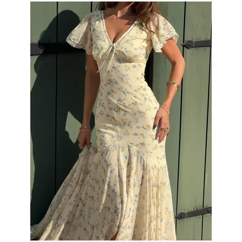 Chic Satin Lace Trim Midi Dress For Women Solid Patchwork Short Sleeve V-neck Summer Dresses 2026 Elegant Summer Holiday Gown