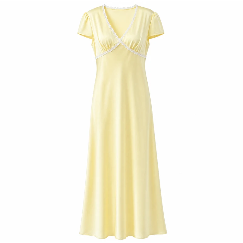 Chic Satin Lace Trim Midi Dress For Women Solid Patchwork Short Sleeve V-neck Summer Dresses 2026 Elegant Summer Holiday Gown