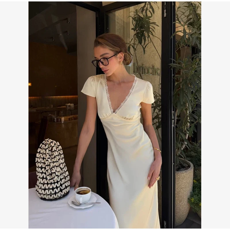 Chic Satin Lace Trim Midi Dress For Women Solid Patchwork Short Sleeve V-neck Summer Dresses 2026 Elegant Summer Holiday Gown
