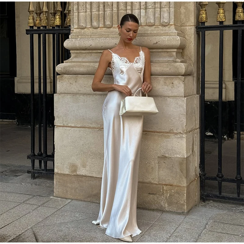 Chic Satin Lace Trim Midi Dress For Women Solid Patchwork Short Sleeve V-neck Summer Dresses 2026 Elegant Summer Holiday Gown