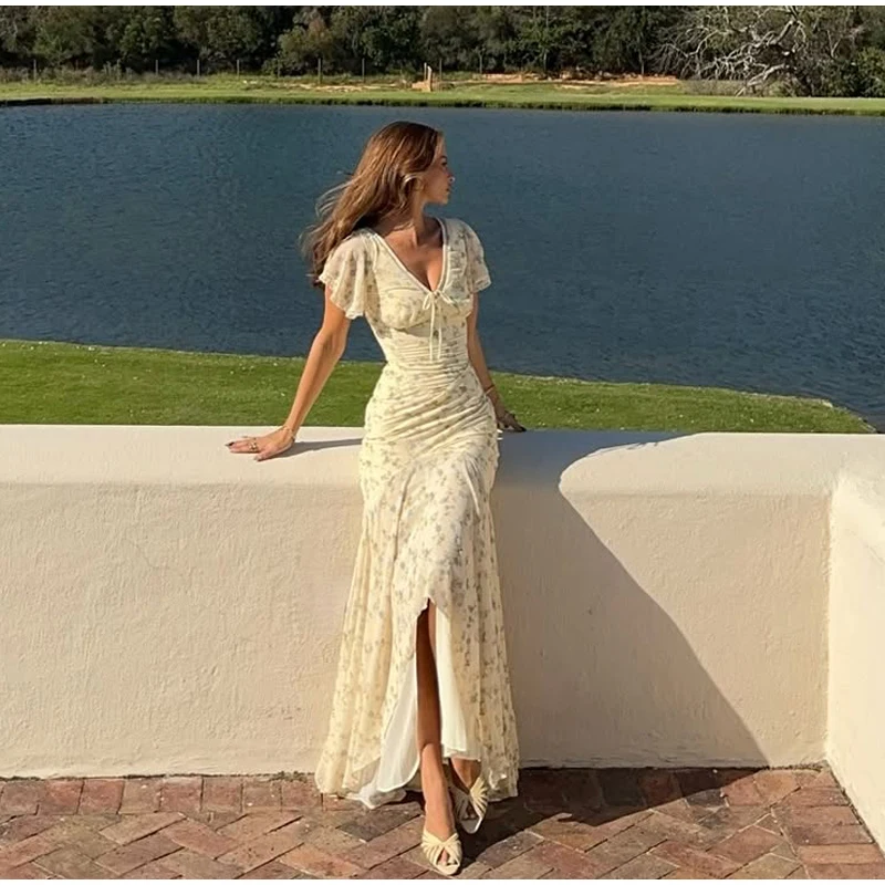 Chic Satin Lace Trim Midi Dress For Women Solid Patchwork Short Sleeve V-neck Summer Dresses 2026 Elegant Summer Holiday Gown