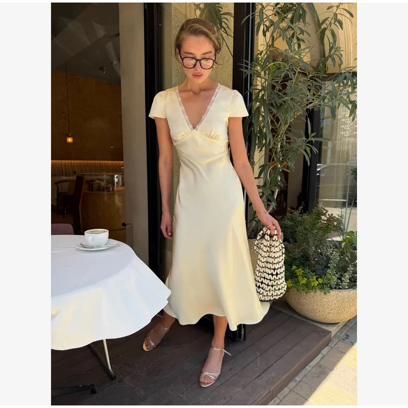 Chic Satin Lace Trim Midi Dress For Women Solid Patchwork Short Sleeve V-neck Summer Dresses 2026 Elegant Summer Holiday Gown
