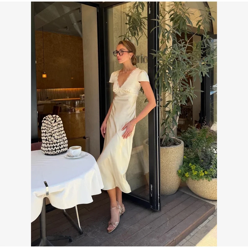 Chic Satin Lace Trim Midi Dress For Women Solid Patchwork Short Sleeve V-neck Summer Dresses 2026 Elegant Summer Holiday Gown