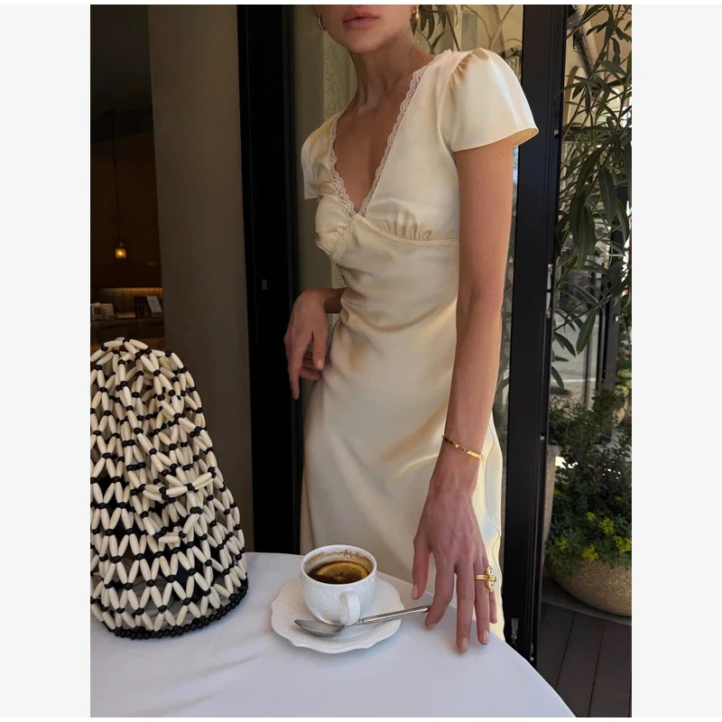 Chic Satin Lace Trim Midi Dress For Women Solid Patchwork Short Sleeve V-neck Summer Dresses 2026 Elegant Summer Holiday Gown