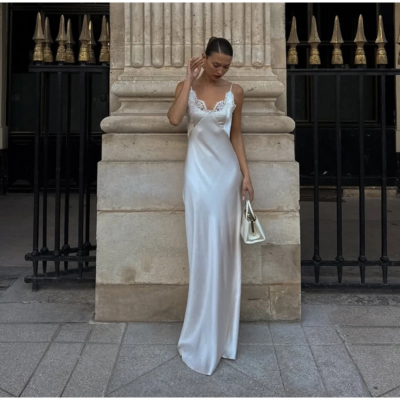 Chic Satin Lace Trim Midi Dress For Women Solid Patchwork Short Sleeve V-neck Summer Dresses 2026 Elegant Summer Holiday Gown
