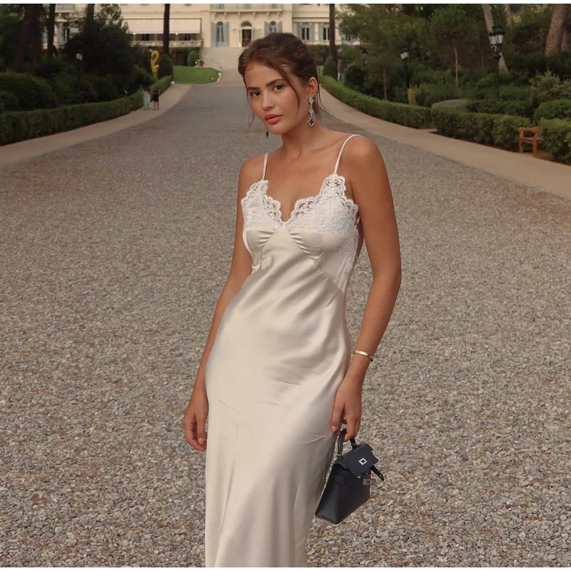 Chic Satin Lace Trim Midi Dress For Women Solid Patchwork Short Sleeve V-neck Summer Dresses 2026 Elegant Summer Holiday Gown
