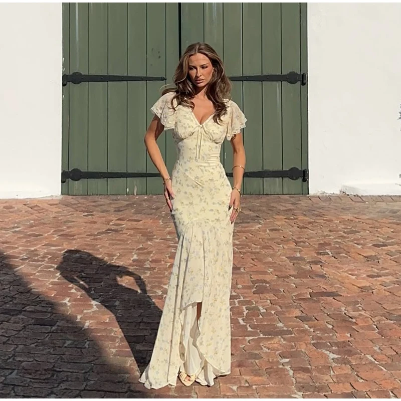 Chic Satin Lace Trim Midi Dress For Women Solid Patchwork Short Sleeve V-neck Summer Dresses 2026 Elegant Summer Holiday Gown