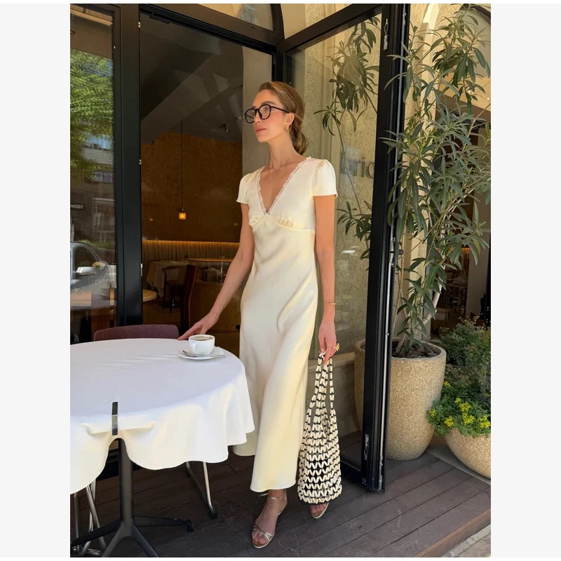 Chic Satin Lace Trim Midi Dress For Women Solid Patchwork Short Sleeve V-neck Summer Dresses 2026 Elegant Summer Holiday Gown