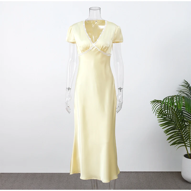 Chic Satin Lace Trim Midi Dress For Women Solid Patchwork Short Sleeve V-neck Summer Dresses 2026 Elegant Summer Holiday Gown