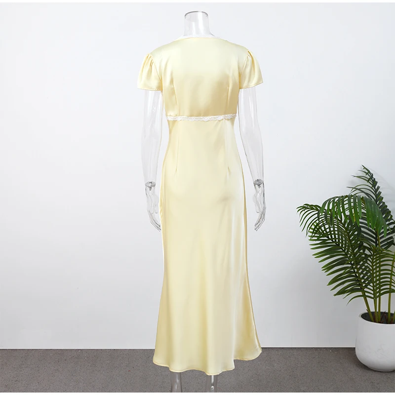 Chic Satin Lace Trim Midi Dress For Women Solid Patchwork Short Sleeve V-neck Summer Dresses 2026 Elegant Summer Holiday Gown