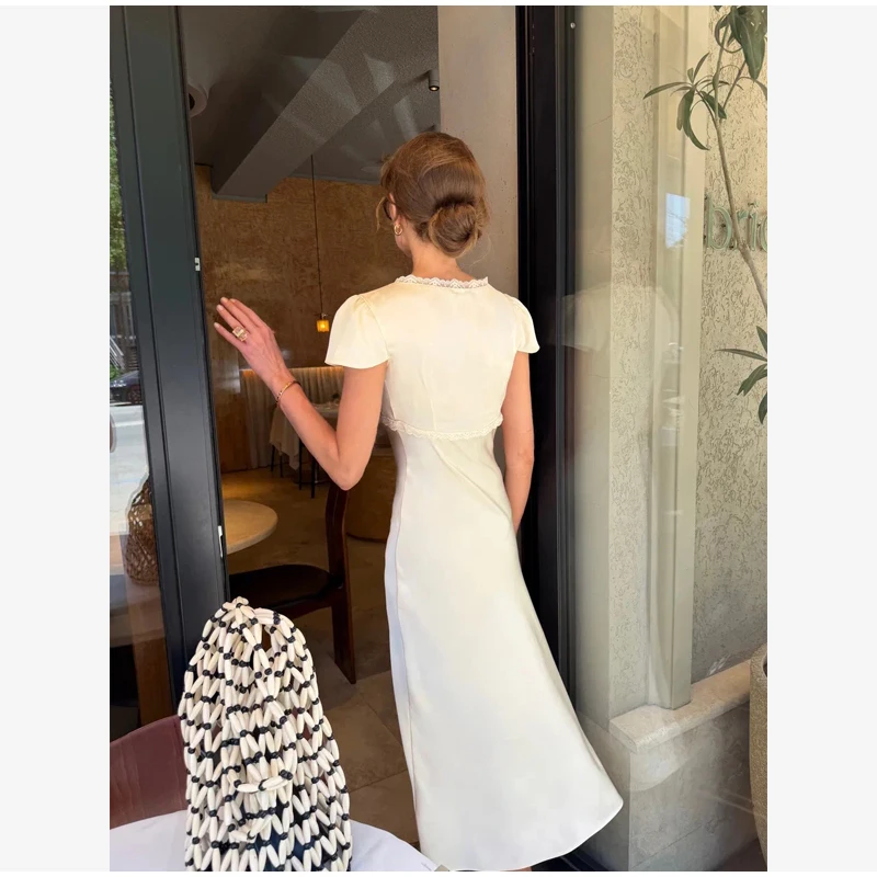 Chic Satin Lace Trim Midi Dress For Women Solid Patchwork Short Sleeve V-neck Summer Dresses 2026 Elegant Summer Holiday Gown